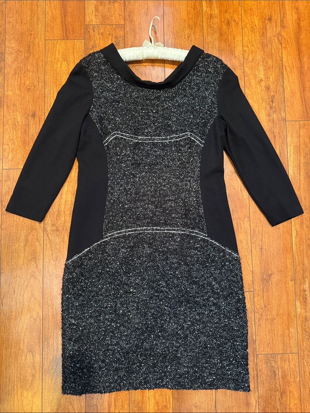 Black Midi Tweed-Panel Sheath Dress - Women's
